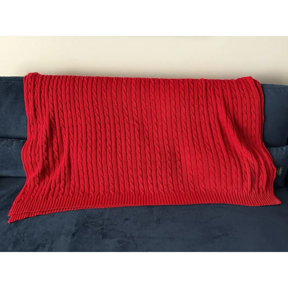 Ralph Lauren Jamie Cable Knit Throw Blanket 50x70 Red Soft Cozy